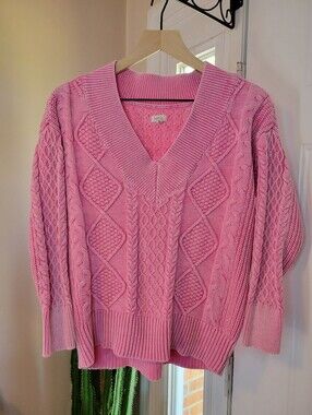 Aerie Pink Cotton Cable Knit V-Neck Pullover Sweater, Size Womens XS Oversized